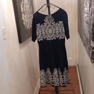 St. John Navy and White Patterned Midi Dress